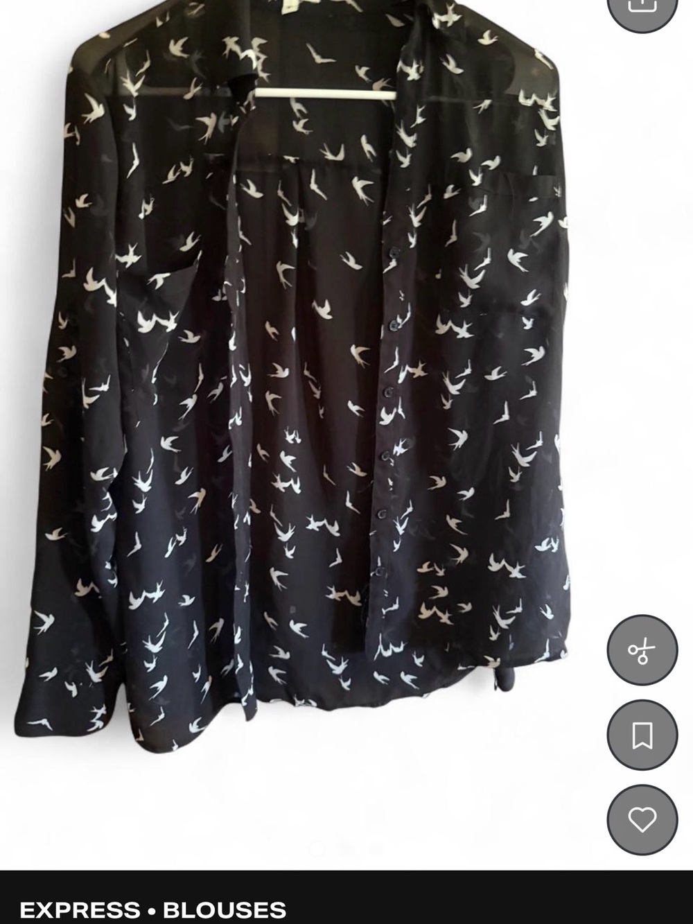 Express Black Sheer Bird-Print Button-Up Blouse